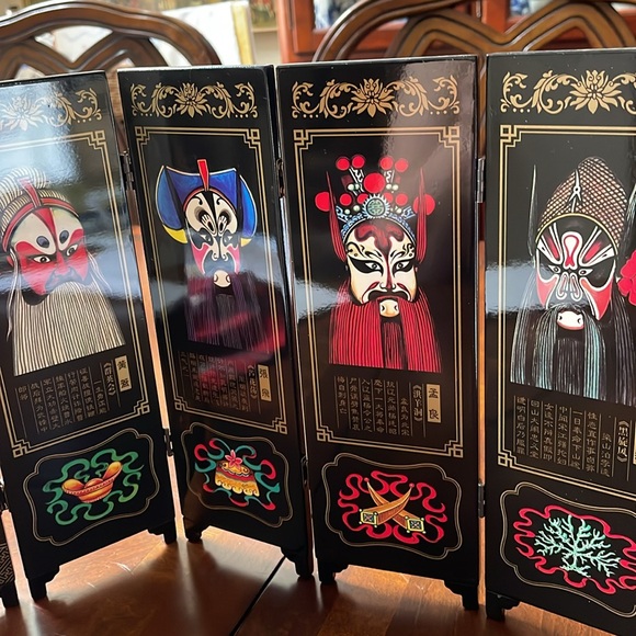 Facial makeup of Peking Opera lacquerware small tabletop folding screen w box - Picture 6 of 11